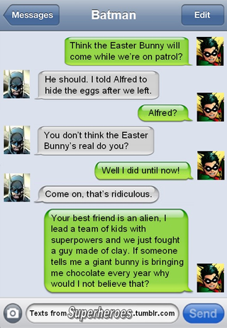 Illustration for article titled Robin’s Got a Point in These Hilarious Superhero Texts